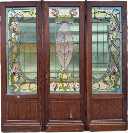 3-delige glas in koper jugendstil openslaande deuren 230x227, Antiek en Kunst, Curiosa en Brocante, Ophalen