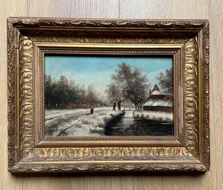 Schilderij op paneel naar Louis Apol goudkleurige lijst, Antiek en Kunst, Kunst | Schilderijen | Klassiek, Ophalen of Verzenden