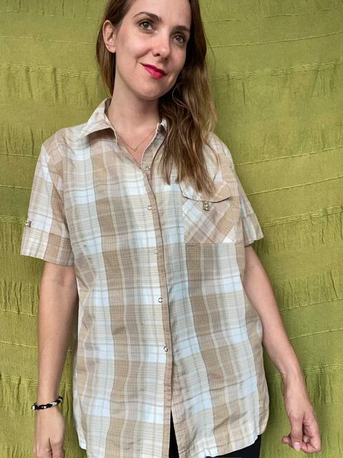 Vintage blouse / overhemd - beige - geruit - 40/L, Kleding | Dames, Blouses en Tunieken, Ophalen of Verzenden