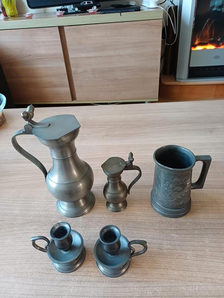 Tinnen kan, beker en kandelaars, Antiek en Kunst, Antiek | Tin, Ophalen of Verzenden