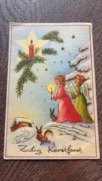 Zalig Kerstfeest. Engeltjes en konijntjes in sneeuw, kaars, Ophalen of Verzenden, 1940 tot 1960, Gelopen