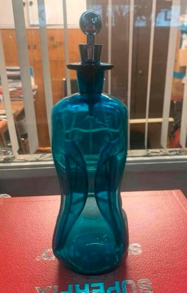 Vaas mooi blauwe flesvaas Holmegaard deuken karaf, Antiek en Kunst, Antiek | Glas en Kristal, Ophalen of Verzenden