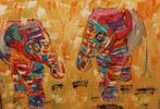 Schilderij met 2 kleurrijke olifanten, 50 tot 75 cm, Nieuw, Ophalen of Verzenden, Schilderij
