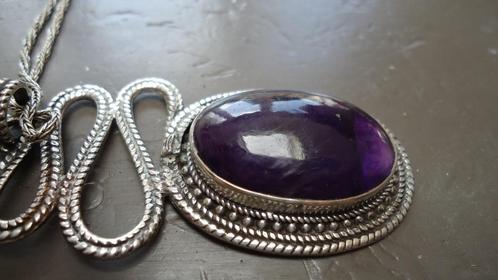 Zilveren  ketting met grote  zilver hanger en Amethist steen, Sieraden, Tassen en Uiterlijk, Kettingen, Zo goed als nieuw, Zilver