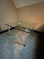 Glazen tafel met metalen poten., Ophalen, Gebruikt, 50 tot 100 cm, Vierkant