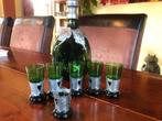 Karaf met dop, groen glas met tin en 5 bijpassende glaasjes, Antiek en Kunst, Ophalen