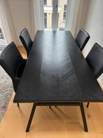 Zwarte eettafel visgraat + 5 HVS lederen stoelen, Ophalen, 200 cm of meer, 50 tot 100 cm, Zo goed als nieuw
