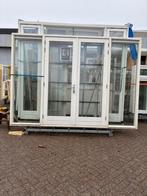 Hardhout kozijn met dubbele tuindeuren en zijlichten, Ophalen of Verzenden, Glas, 120 cm of meer, 215 cm of meer