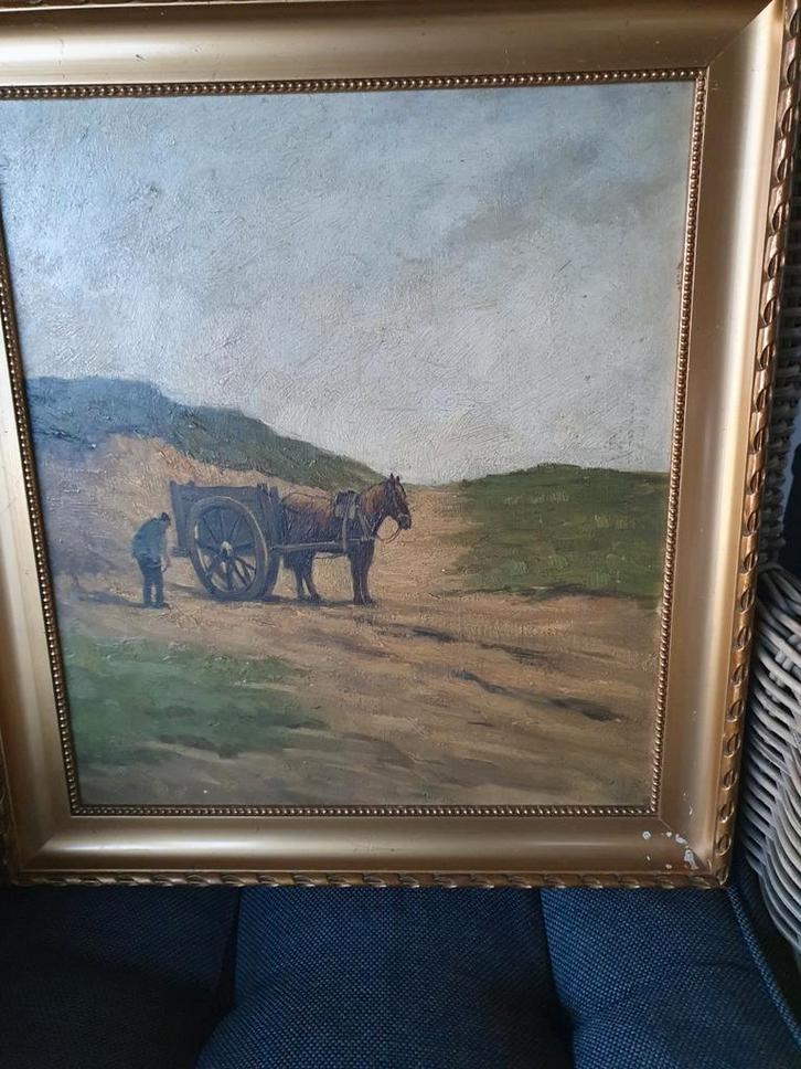 Oude schilderij met paard en kar, Antiek en Kunst, Kunst | Schilderijen | Klassiek, Ophalen of Verzenden