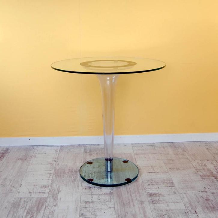 Bijzettafel met glazen boven- en onderblad, Huis en Inrichting, Tafels | Bijzettafels, Gebruikt, Rond, 60 cm of meer, Minder dan 55 cm