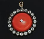 Grote koraal antieke gouden zilveren ketting hanger glas, Verzenden, Goud, Hanger, Met edelsteen