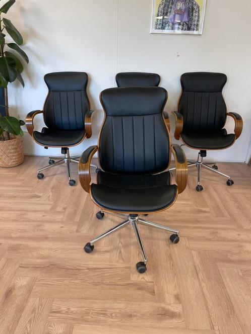 4 bureaustoelen van notenhout en imitatieleer, Huis en Inrichting, Bureaustoelen, Zo goed als nieuw, Zwart, Ophalen