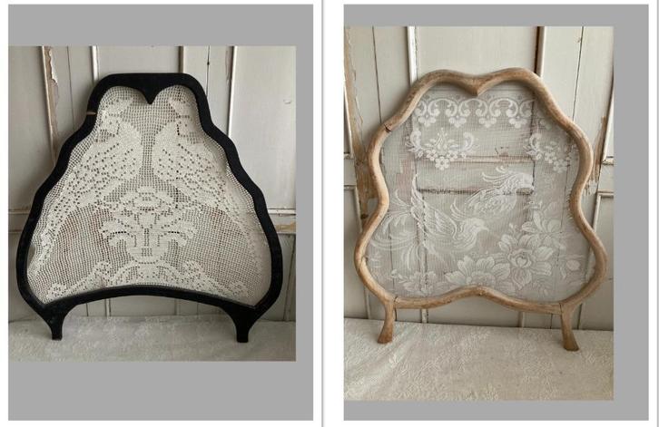 2x Brocante houten raamhor / 1x met haakwerk / 1x met kant, Antiek en Kunst, Curiosa en Brocante, Ophalen