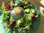 kandelaar op glazen schaal met zijden bloemen foto 1 en 2, Huis en Inrichting, Woonaccessoires | Kandelaars en Kaarsen, Belle Vieille Brocante