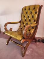 Groen lederen fauteuil, Gebruikt, Minder dan 75 cm, Hout, 50 tot 75 cm
