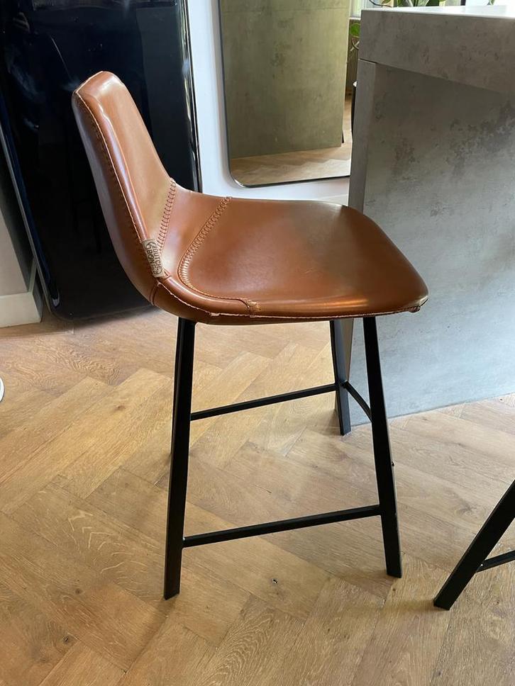 Dutchbone Barkrukken Franky, bruin leer - Set van 4, Huis en Inrichting, Barkrukken, Gebruikt, 60 tot 90 cm, Leer, 4 krukken, Met voetsteun