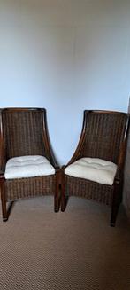 2 rotan stoelen met kussens., Huis en Inrichting, Stoelen, Ophalen, Gebruikt, Twee, Bruin