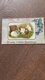 Paasgroeten. Reliefkaart. 4 konijnen, bloemen, Ophalen of Verzenden, 1920 tot 1940, Gelopen