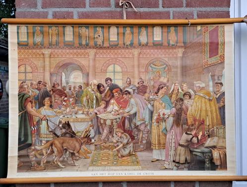 Oude schoolplaat: Aan 't Hof van Karel de Grote, Antiek en Kunst, Antiek | Schoolplaten, Geschiedenis, Ophalen of Verzenden