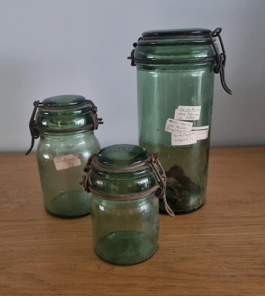 Vintage Franse Groene Glazen Voorraadpotten Durfor Brocante, Ophalen of Verzenden