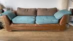 Bruin-blauwe 3-zitsbank met leer en stof, Ophalen, Gebruikt, Modern ontwerp, Driepersoons