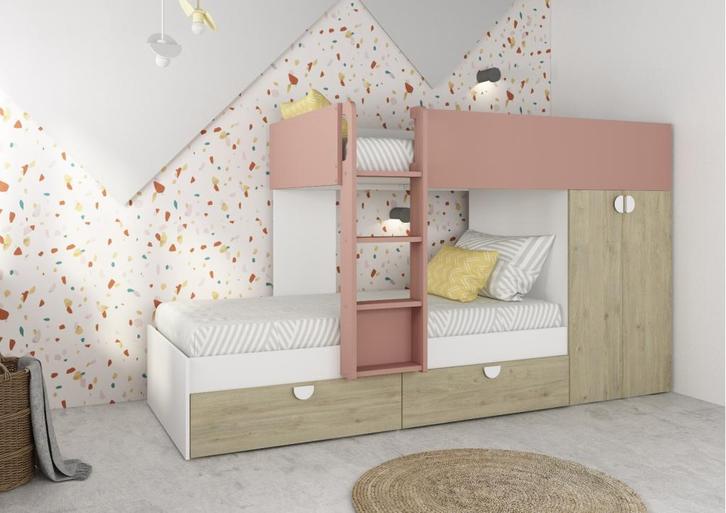 Fratello stapelbed met kast en lades - 90x190 - Witgrenen/ou, Huis en Inrichting, Slaapkamer | Bedden