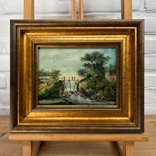 Antiek olieverfschilderij tafereel op brug bij waterval, Antiek en Kunst, Kunst | Schilderijen | Klassiek, Ophalen of Verzenden