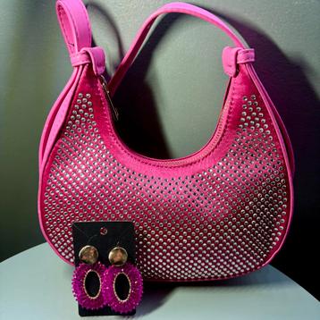 Nieuw! Set: PU strass / bling tadke + oorbellen / Fuchsia beschikbaar voor biedingen