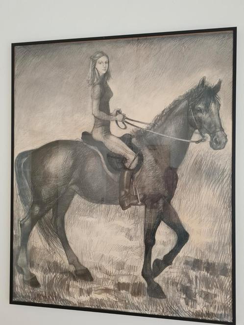 Prachtige tekening meisje op paard, Gerrit de Moréé, Antiek en Kunst, Kunst | Tekeningen en Foto's, Ophalen