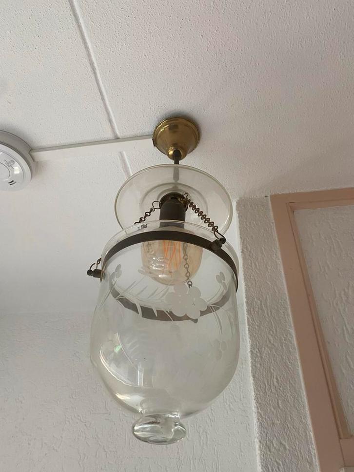 Plafondlamp met Gravure, Huis en Inrichting, Lampen | Hanglampen, Gebruikt, Minder dan 50 cm, Glas, Ophalen