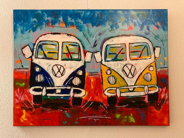 Schilderij VW Busjes, Antiek en Kunst, Kunst | Schilderijen | Klassiek, Ophalen of Verzenden
