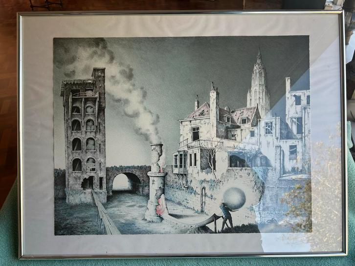 Lithografie Theo Voorzaat magisch realisme, Antiek en Kunst, Kunst | Schilderijen | Modern, Ophalen of Verzenden