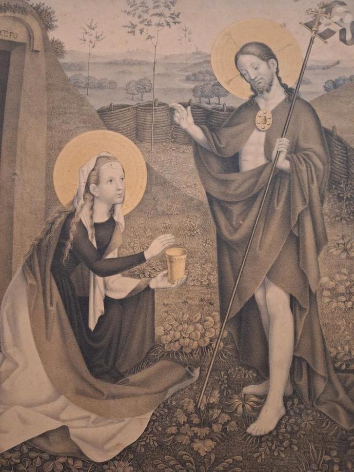 Gravure van Maria Magdalena en Jezus, Antiek en Kunst, Antiek | Religie, Ophalen of Verzenden