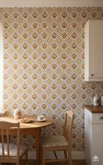 14158 Bloemenmandjes vintage behang oker retro swiet, Huis en Inrichting, Stoffering | Behang, Verzenden, Bruin
