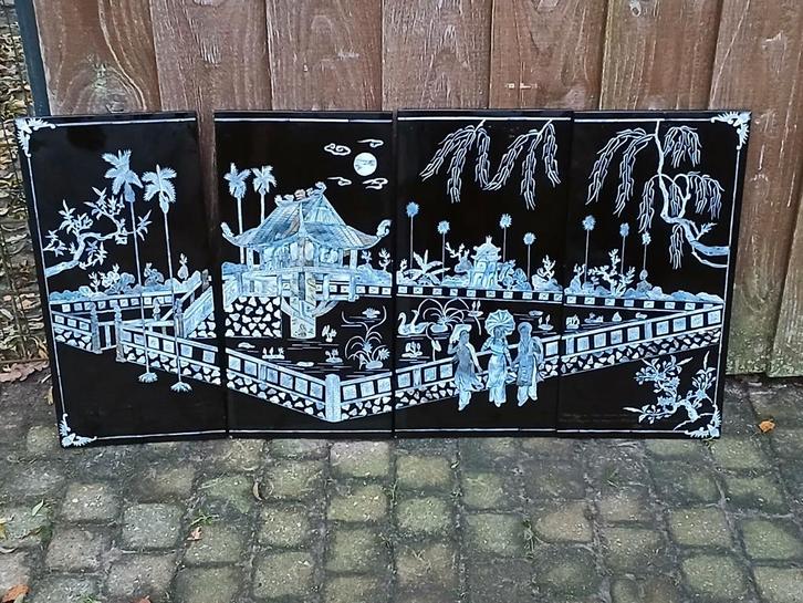 Zeldzaam Vietnamees Lakwerk Kunstwerk - 4 Delig, Antiek en Kunst, Kunst | Niet-Westerse kunst, Ophalen of Verzenden