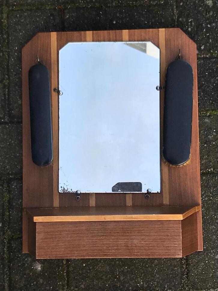 Oude vintage hal spiegel met lade en 2 borstels retro, Antiek en Kunst, Antiek | Spiegels, Minder dan 50 cm, Minder dan 100 cm