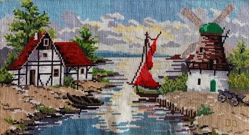 Borduurwerk, zijde, rivier, molen, schip, huis, vintage beschikbaar voor biedingen