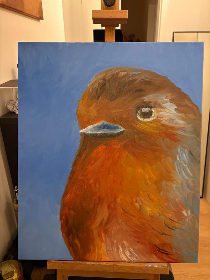 Schilderij van een Roodborstje, Antiek en Kunst, Kunst | Schilderijen | Klassiek, Ophalen of Verzenden