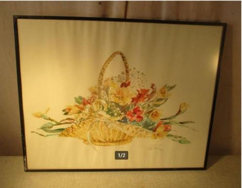 Mooi Geschilderd Aquarel 'Korf met Bloemen' - M Peters, Antiek en Kunst, Kunst | Schilderijen | Klassiek, Ophalen of Verzenden