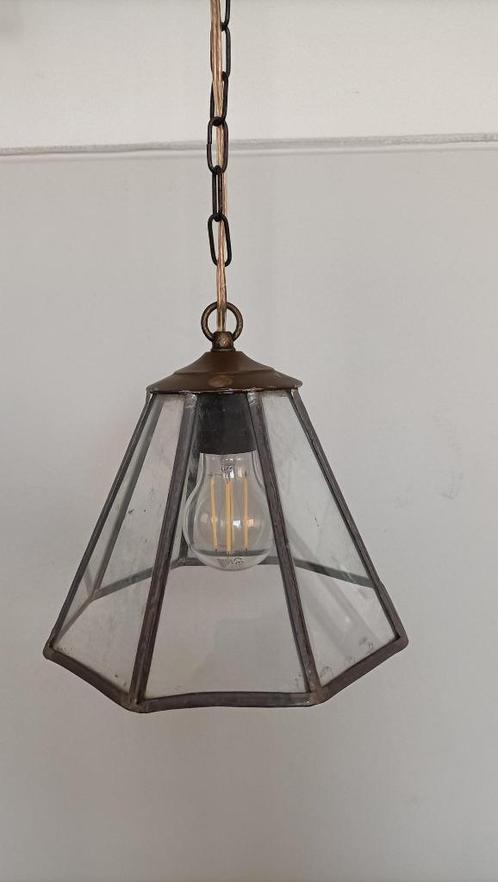 vintage hanglamp glas in lood messing ganglamp jaren 30-50, Huis en Inrichting, Lampen | Hanglampen, Gebruikt, Minder dan 50 cm
