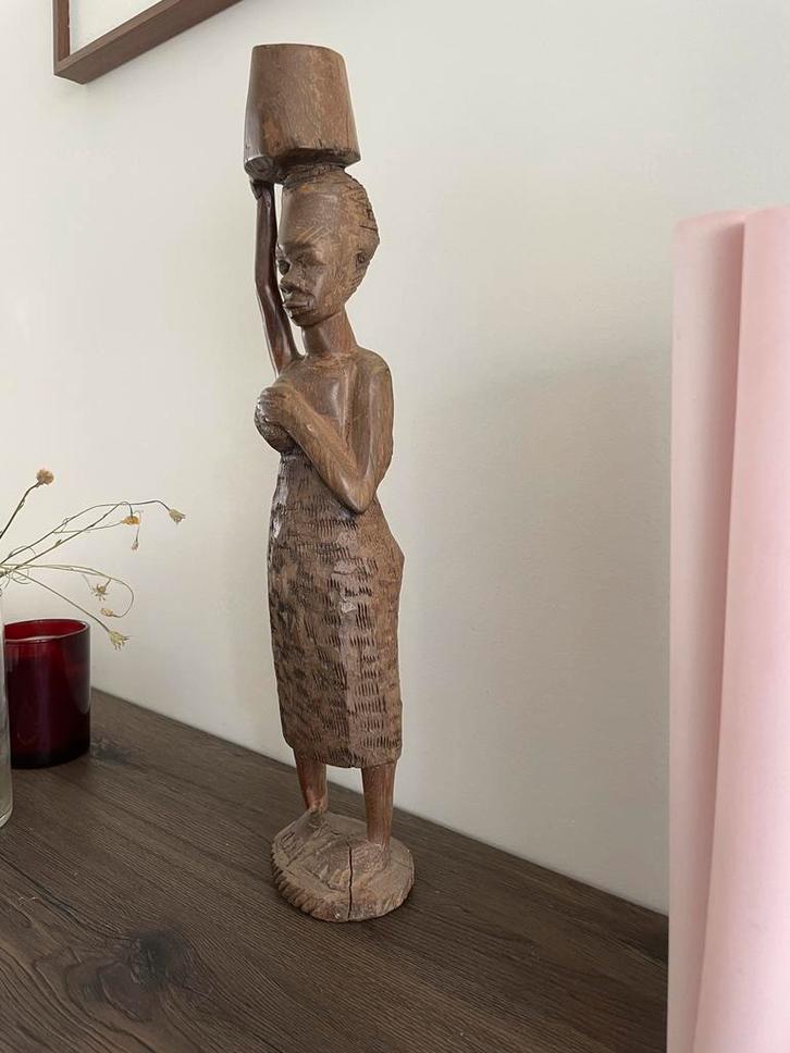 Afrikaans Houten Beeld Vrouw met Kruik - Handgesneden Decora, Antiek en Kunst, Kunst | Beelden en Houtsnijwerken, Ophalen