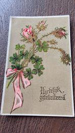 Gefeliciteerd. Rozen,klaver, lint. Goudopdruk, Verzamelen, Ansichtkaarten | Themakaarten, Ophalen of Verzenden, Voor 1920, Gelopen