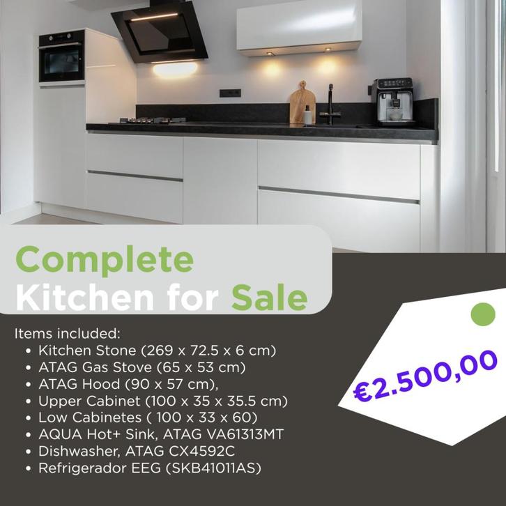 Volledige keuken met apparatuur, Huis en Inrichting, Keuken | Complete keukens, Gebruikt, Enkelwandige keuken, Wit, Graniet of Steen