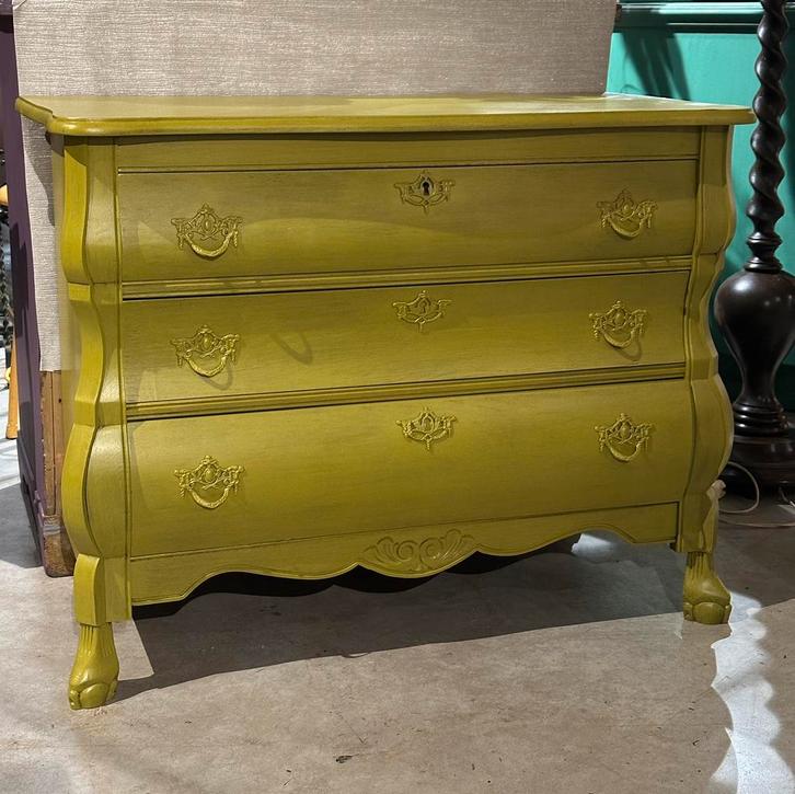 Brocante ladekast - buikkast - mosterdgroen, Huis en Inrichting, Kasten | Ladekasten, Zo goed als nieuw, Minder dan 100 cm, 50 tot 100 cm