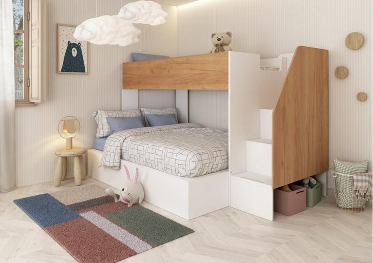 Easy 3-persoons familie stapelbed - Wit/eiken, Huis en Inrichting, Slaapkamer | Bedden