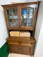 Vintage vitrine kast donker eiken, Ophalen, 200 cm of meer, Eikenhout, Zo goed als nieuw
