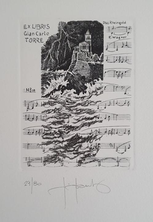 Exlibris / Ex libris Nino Baudino, das Rheingold, R. Wagner, Antiek en Kunst, Kunst | Etsen en Gravures, Verzenden