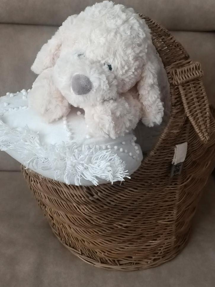 Schattige Pluche Hond in een mand merk Riviera Maison!, Huis en Inrichting, Woonaccessoires | Dienbladen, Zo goed als nieuw, Hout