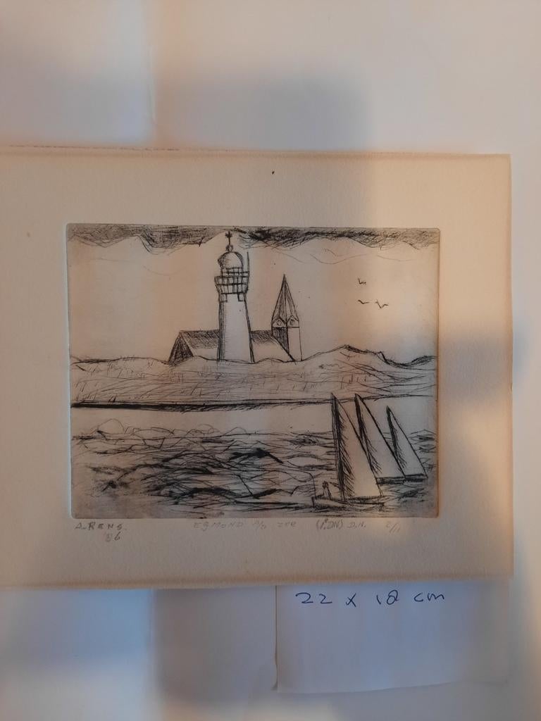 Ets van A. Rens - Vuurtoren en Zeilboten Egmond, Antiek en Kunst, Kunst | Etsen en Gravures, Ophalen of Verzenden