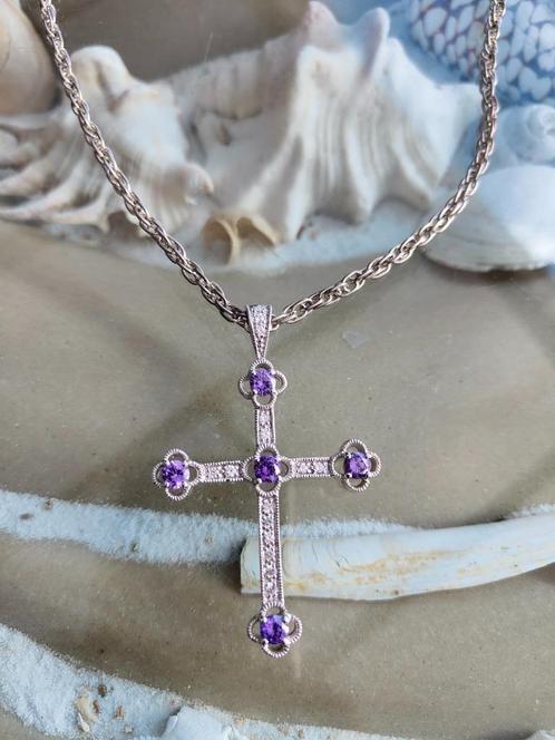 925 massief zilveren ketting en kruishanger met amethisten, Sieraden, Tassen en Uiterlijk, Antieke sieraden, Ketting, Zilver, Met edelsteen